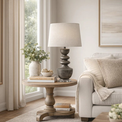 Dany Table Lamp, Gray Resin Turned Base, Linen Shade, Clear Acrylic