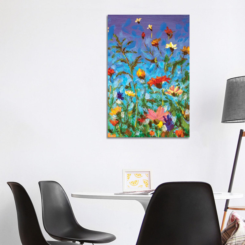 Spring Summer Red Yellow White Wildflowers On Blue Sky by Joyce Combs - Wrapped Canvas Print