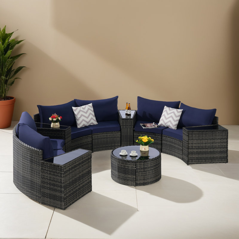 Ensemble de 11 canapés modulaires demi-lune en osier avec table basse pour terrasse, jardin, terrasse, piscine