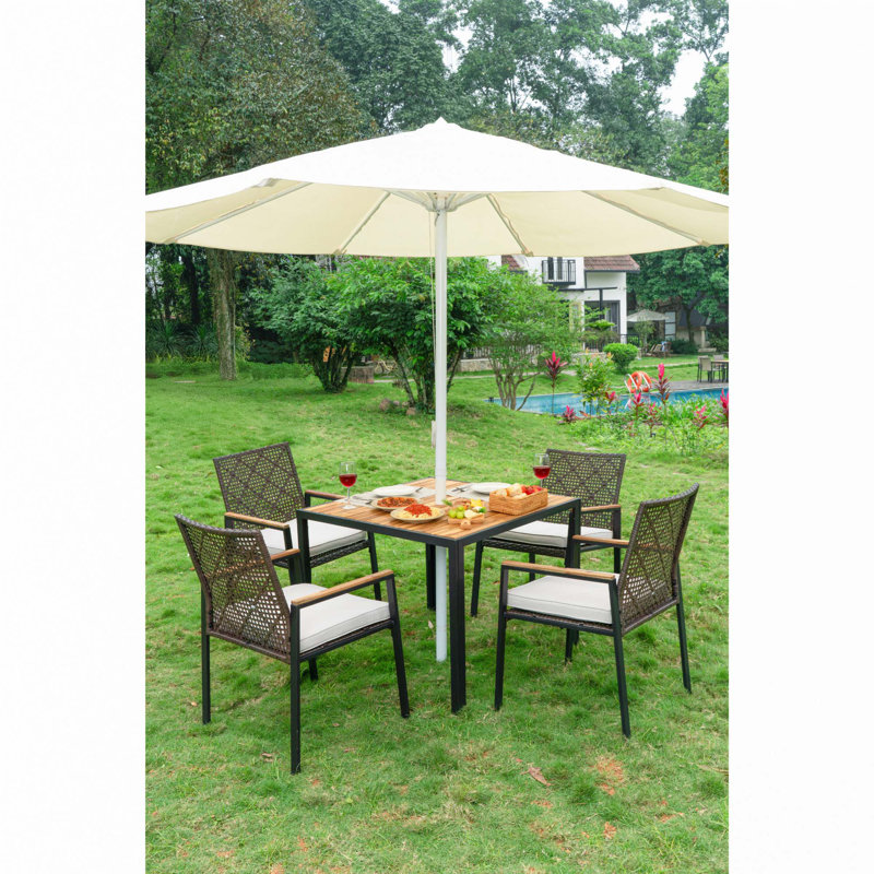 Ensemble de table de salle à manger toutes saisons 5 pièces avec trou pour parasol, Brun café