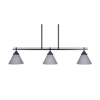 Luminaire pour îlot de cuisine 3 lumières kurland au fini noir mat avec verre matriciel de 7 po