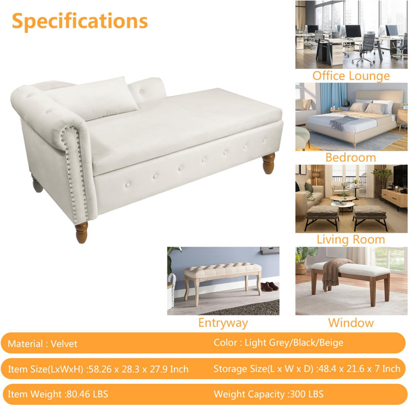  Chaise longue de rangement rembourrée en velours avec coussin, Beige