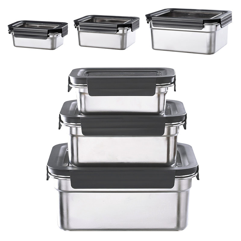 3 boîtes de rangement en acier inoxydable 304 avec couvercles, 2 500 ml + 1 100 ml + 450 ml, joint d'étanchéité en silicone, bord droit, noir, réutilisables pour repas