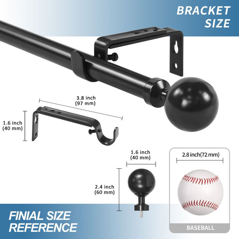 Black Adjustable Steel Ball Curtain Rod Set, 28"-48"