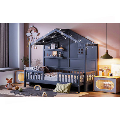 Lit simple avec tablettes, lit maison avec fenêtre et bande lumineuse étincelante sur le toit, gris