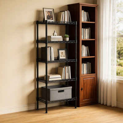 Étagère à 5 niveaux en fil métallique réglable pour la salle de lavage, la salle de bain, la cuisine et les petits espaces, couleur noire, tablettes de rangement robustes avec une conception robuste