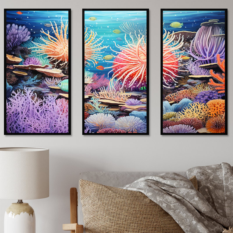 «Blue and Mauve Crown of Anemone - Coastal Coral Under Water», ensemble d'art mural, Cadre flottant noir