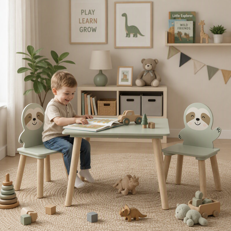 Ensemble de table d'activités en bois pour enfants avec 2 chaises en forme de paresseux, mobilier de jeu et d'étude pour tout-petits au design animalier mignon