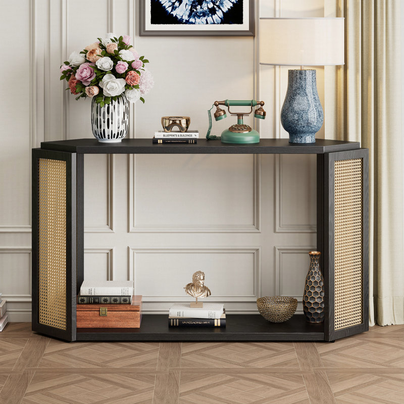 Console Table With Bottom Shelf And Rattan Side, Black