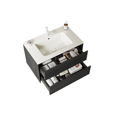 Armoire de rangement pour salle de bain 30 po, contreplaqué, vasque en céramique blanche, 2 tiroirs, finition chêne foncé, meuble-lavabo avec armoire en contreplaqué et évier, 30 po, bonde escamotable