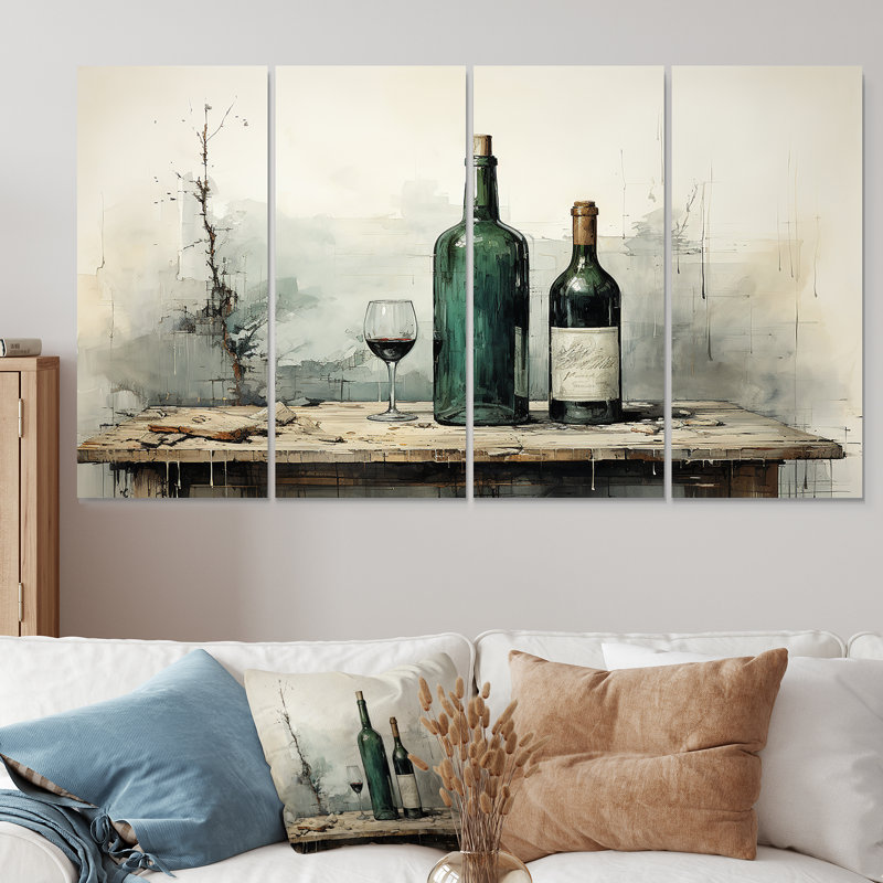 «Green Minimalist Wine Bottles Silhouette IV», art mural 4 pièces, H 32 po x l 64 po