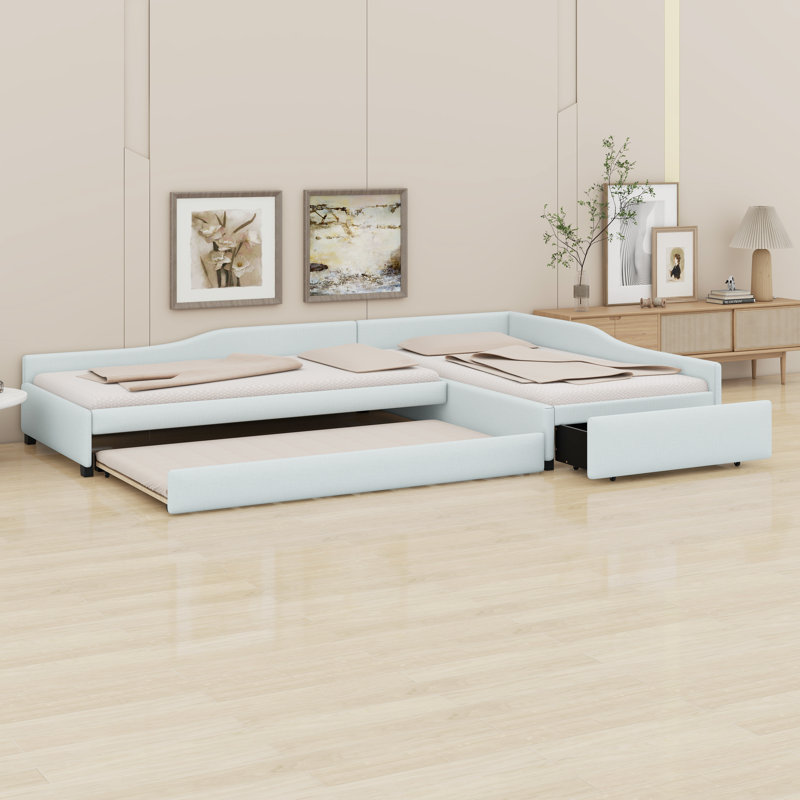 Upholstered Double Daybed With Trundle And Drawer, Beige