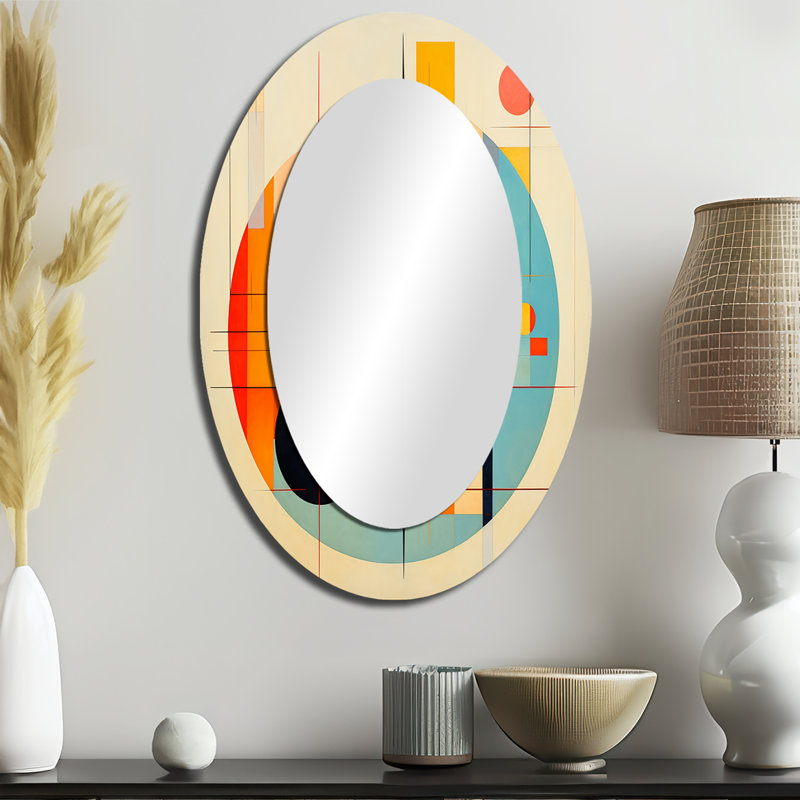 Syncronicities Midcentury Elegant Retro Art IV - Grand miroir mural ovale sur métal, 36 po x 24 po