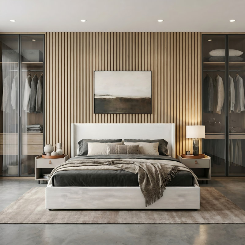 Lit plateforme tapissier Modern, Crème, Très grand