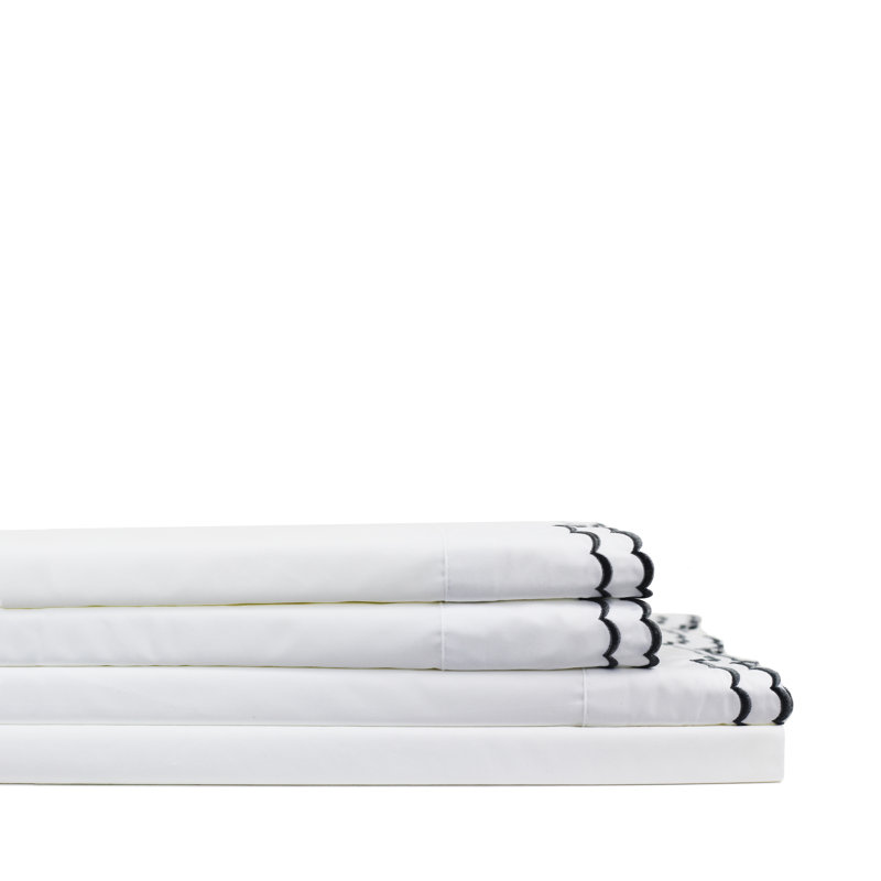 Arli Double Scalloped 300 Thread Count 100% Cotton Percale Sheet Set, Queen, White/ White