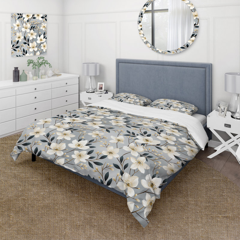 Ensemble de housse de couette à motif floral minimaliste gris et beige, Housse de couette simple + 1 taie décorative stan