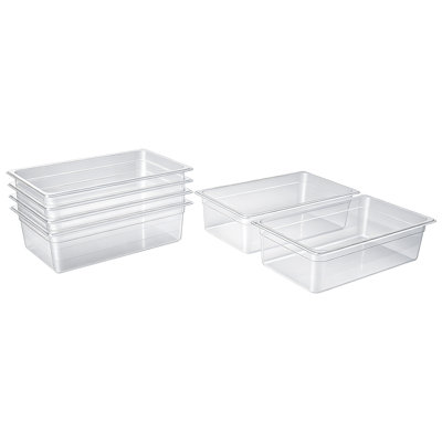 Bacs alimentaires transparents en polycarbonate, grand format, 15 cm de profondeur, idéaux pour les restaurants, buffets, bars à salades, entreposage alimentaire commercial, compatibles lave-vaisselle, empilables avec graduations.