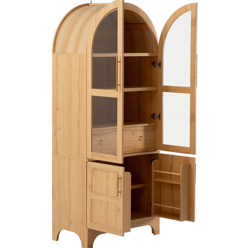 Grand garde-manger arqué avec tablettes de porte, armoire de rangement de cuisine de ferme avec tablettes ouvertes et réglables, tiroir caché et porte en verre, armoire