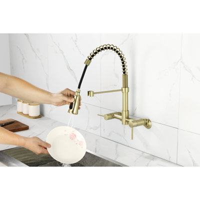 Gold Wall Mounted Kitchen Faucet - 360 Rotatable Spout, 3 Pull Down Nozzle For Hassle- Routine, Dual Lever Handles, Space Saving, Brass Quick Wash And Clean,
