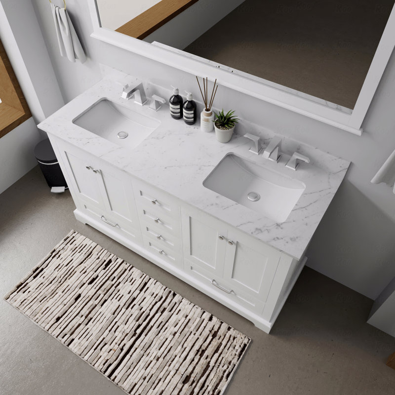 Double Basin Bathroom Vanity 60" Wide X 22" Deep, Carrara Marble Top, With Faucet Set, White, White Carrara Marble