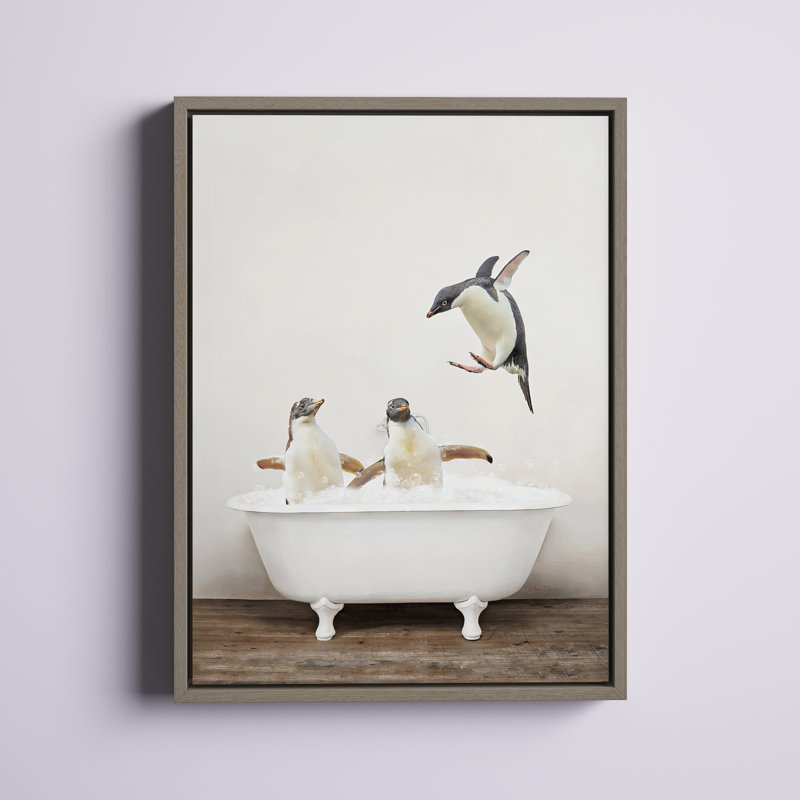Normandie Penguins Playing in Rustic Bath Framed Canvas by Amy Peterson Art Studio 18x24, Gray Framed
