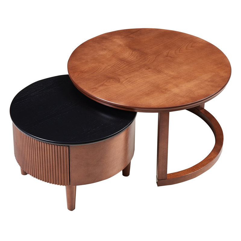 Black & Walnut Vintage Round Nesting Coffee Table, 31.5'' Dimensions, Space - Saving And Functional Table With Fluted Drawer, Two Tone Finish, Size, Versatile For Living Areas