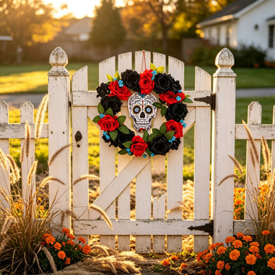 Décoration de couronne d'Halloween rose avec crâne en bois, couronne de fleurs artificielle noire et rouge de 13,77 pouces avec décor de crâne gothique pour la porte d'entrée, le mur, le porche et le décor de maison hantée