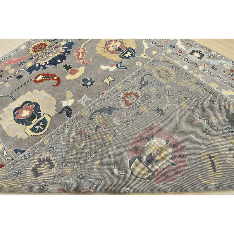 Tapis gris en laine noué à la main de conception unique 9 pi 3 po x 11 pi 10 po