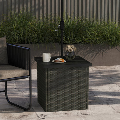 All Weather Wicker Side Table with 1.5" Umbrella Hole, Square Outdoor End Table with UV-Resistant Frame, Storage Space for Patio by Ebern Designs