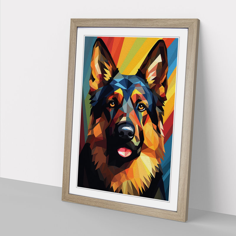 German Shepherd Geometric No.3 - Single Picture Frame Print on Wood, Oak Framed, 64cm H x 46cm W