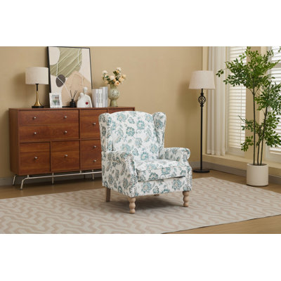 Modern Wingback Accent Chair with Floral Pattern & Solid Wood Legs