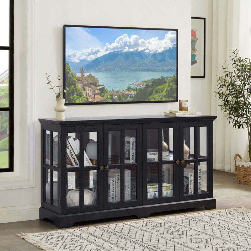 Antique LED Curio Display Cabinet With 4 Glass Doors,  Acrylic Back Panel & Adjustable Shelves For Home Or Office, Black