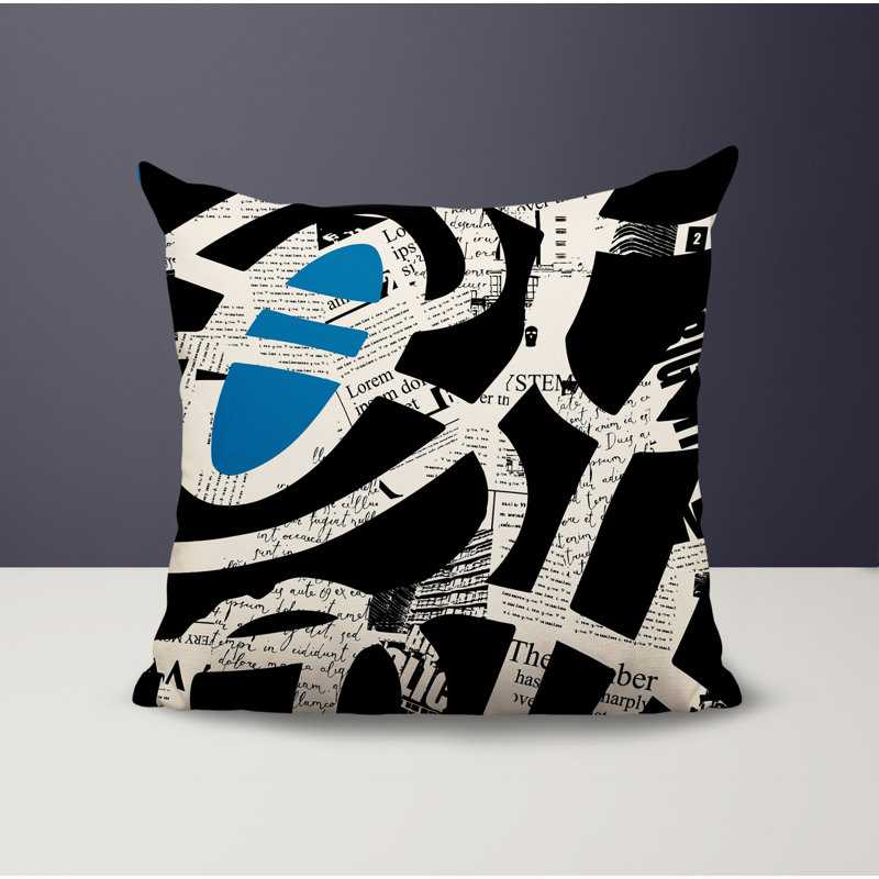 Oreiller carré réversible intérieur / extérieur Kaya, H 19 po x l 19 po, Turquoise / noir / blanc cassé abstrait