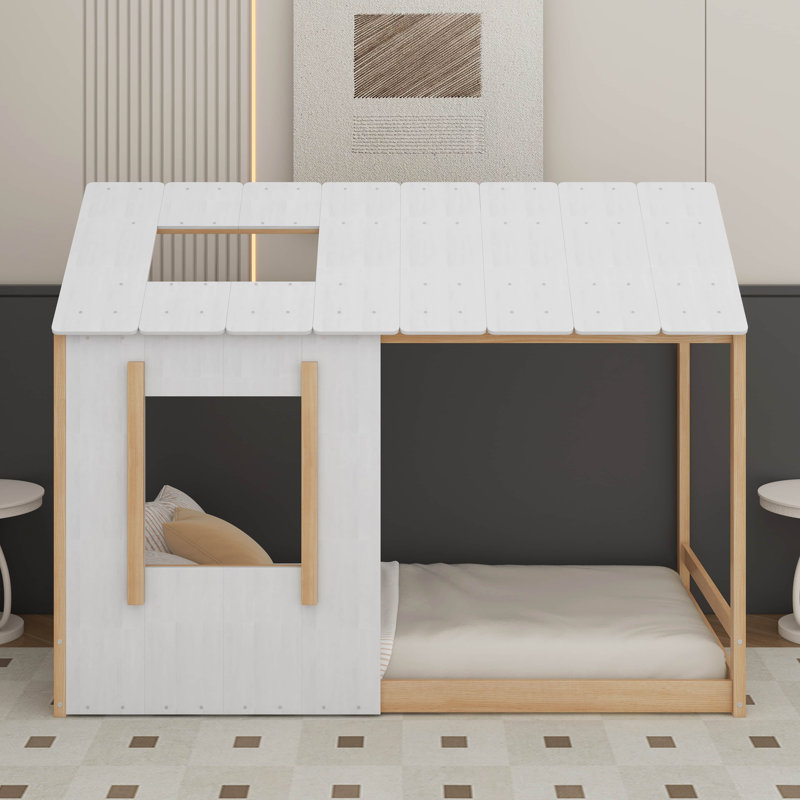 Plateforme pour lit simple avec fenêtre et toit, Blanc/naturel