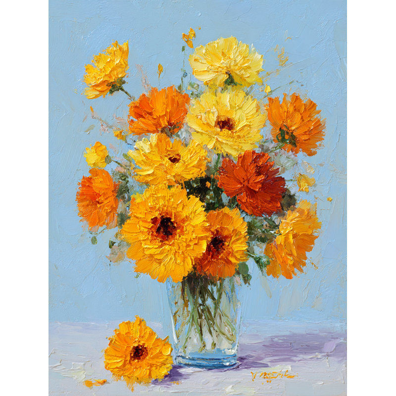 Sunlit Marigolds in Glass, H 24 po x l 16 po