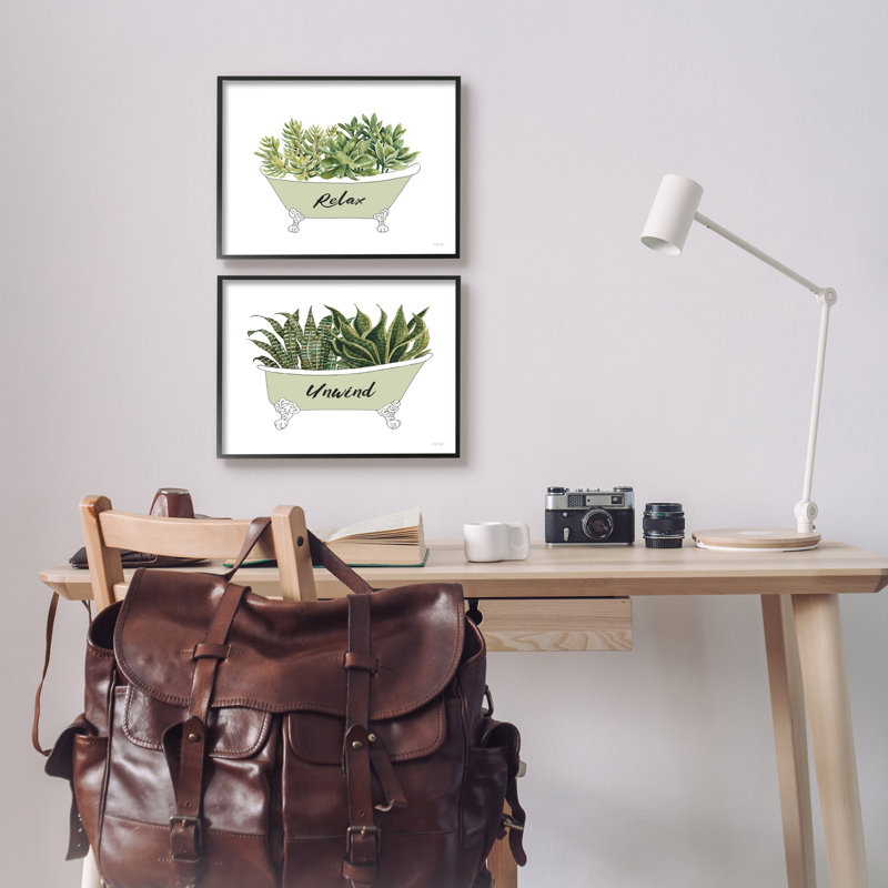 «Relax Unwind House Plants Succulents», baignoire sur pattes par Cindy Jacobs - ensemble de 2 impressions sur bois avec cadre flottant