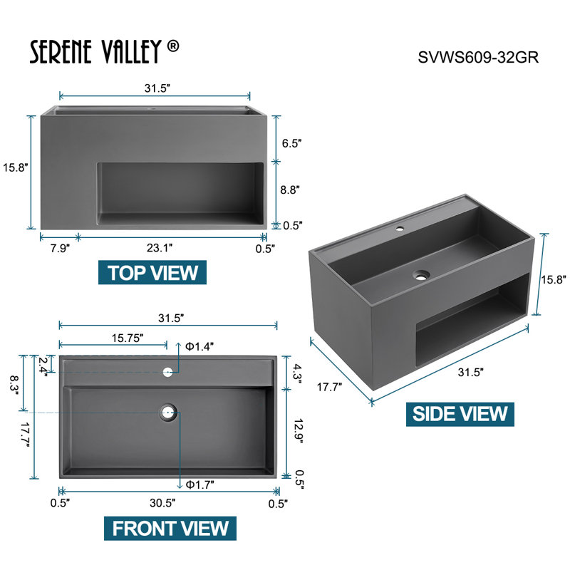 Meuble-lavabo mural 32 po avec espace de rangement, gris