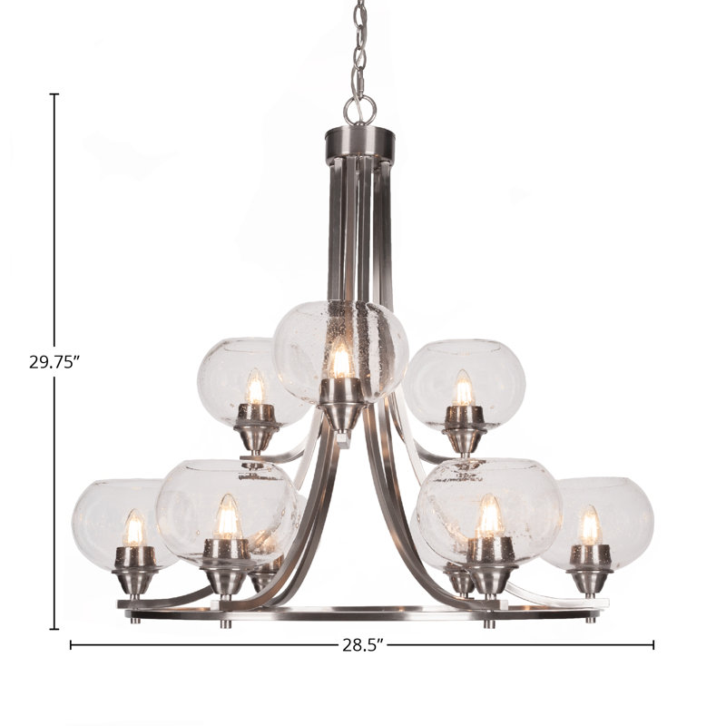 Lustre 9 lumières, H 29,75 po x l 28,5 po x P 28,5 po, Nickel brossé, Transparent