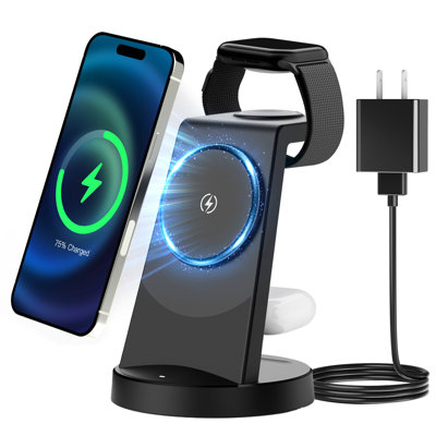 Station de recharge 3 en 1 avec adaptateur PD 30 W pour iPhone, chargeur sans fil pour iPhone 18, 17, 16e, 16, 15, 14, 13, 12, 11, X Pro Max et Apple Watch - Station de recharge sans fil pour AirPods 4 et 3 Pro