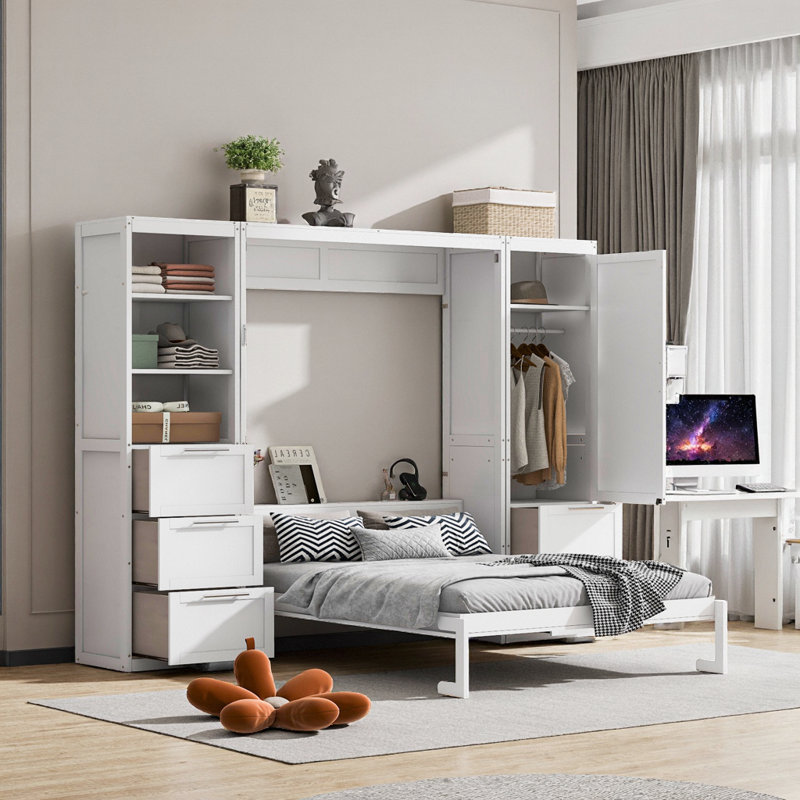 Lit escamotable grand format VARELON avec placard, tiroirs et tablettes, Blanc
