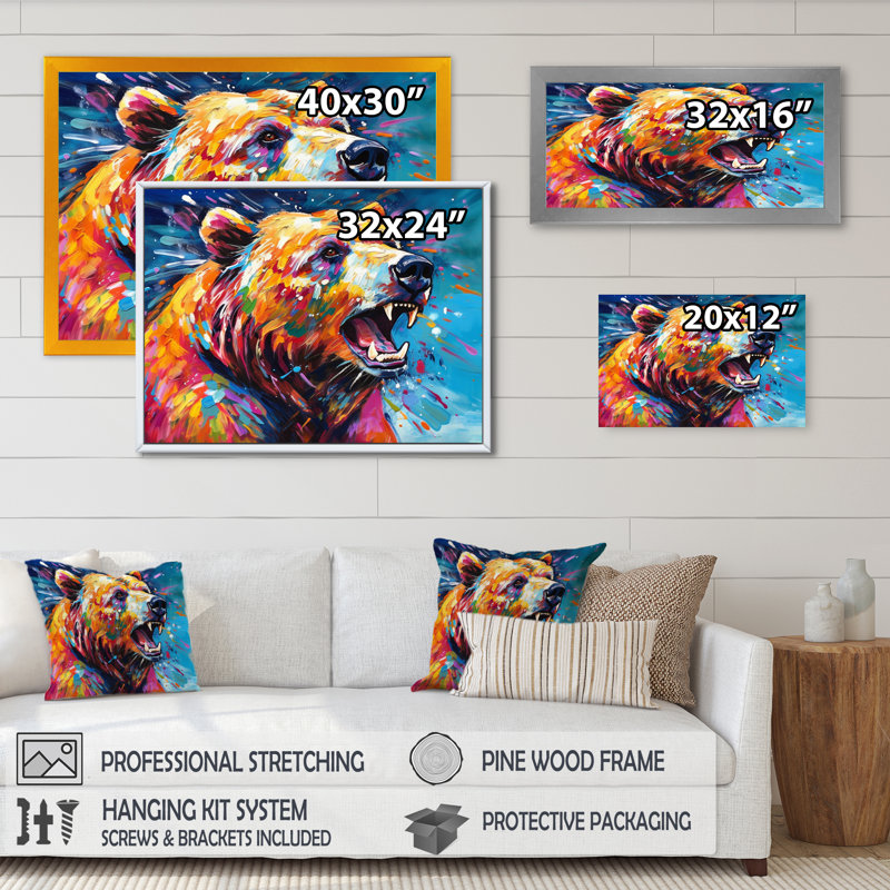 Ours coloré dans la nature - animaux, art mural, salon, H 12 po x l 20 po x P 1 po, Toile tendue