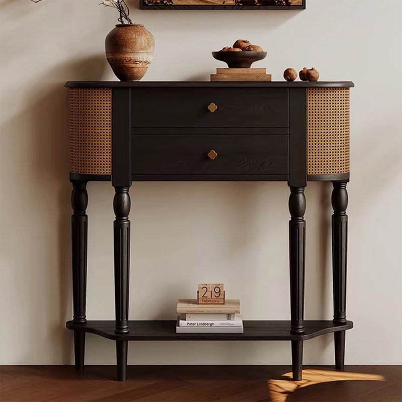 Console demi-cercle en bois massif noir, H 35,43 po x l 35,43 po x P 7,87 po