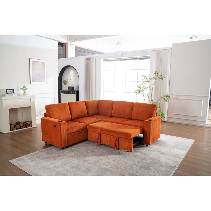 Modular Sleeper Sofa with Storage and USB Charging, Orange Corduroy