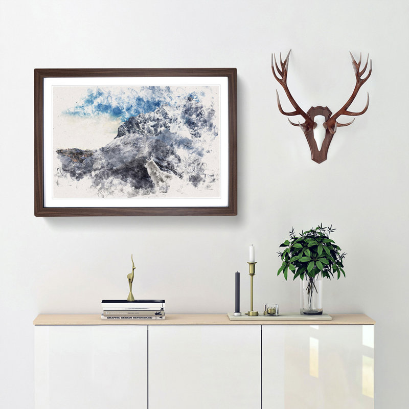 White Wolf with a Mountain Landscape - Framed Print, 24cm H x 33cm W x 2cm D, Walnut Framed