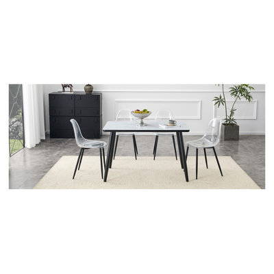 Ensemble de table de salle à manger moderne en faux marbre avec 4 chaises fantômes - ensemble de table de cuisine en verre 5 pièces et ensemble de chaises en acrylique transparent pour petits espaces