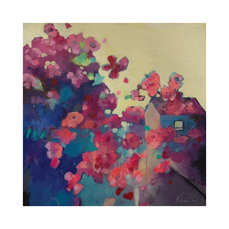 Home Behind The Cherry Blossoms by Kerri Blackman - Painting on Canvas, 45.72cm H x 45.72cm W x 3.81cm D, Wrapped Canvas
