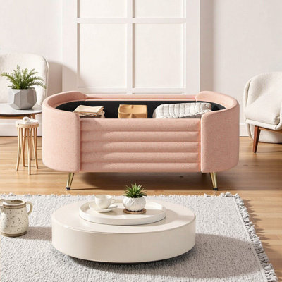Banc de rangement avec repose-pieds en chenille rose moderne - Élégant rangement caché pour la chambre à coucher, le salon et le vestibule