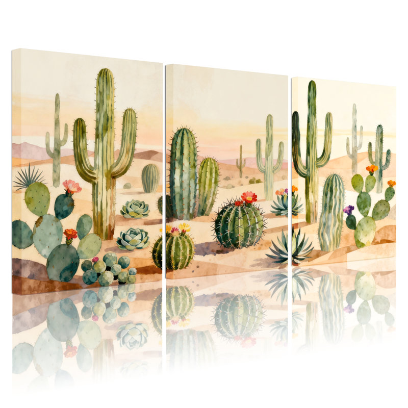 «Cactus Desert Cactus Landscape», ensemble de 3 reproductions d'art sur toile, H 24 po x l 48 po
