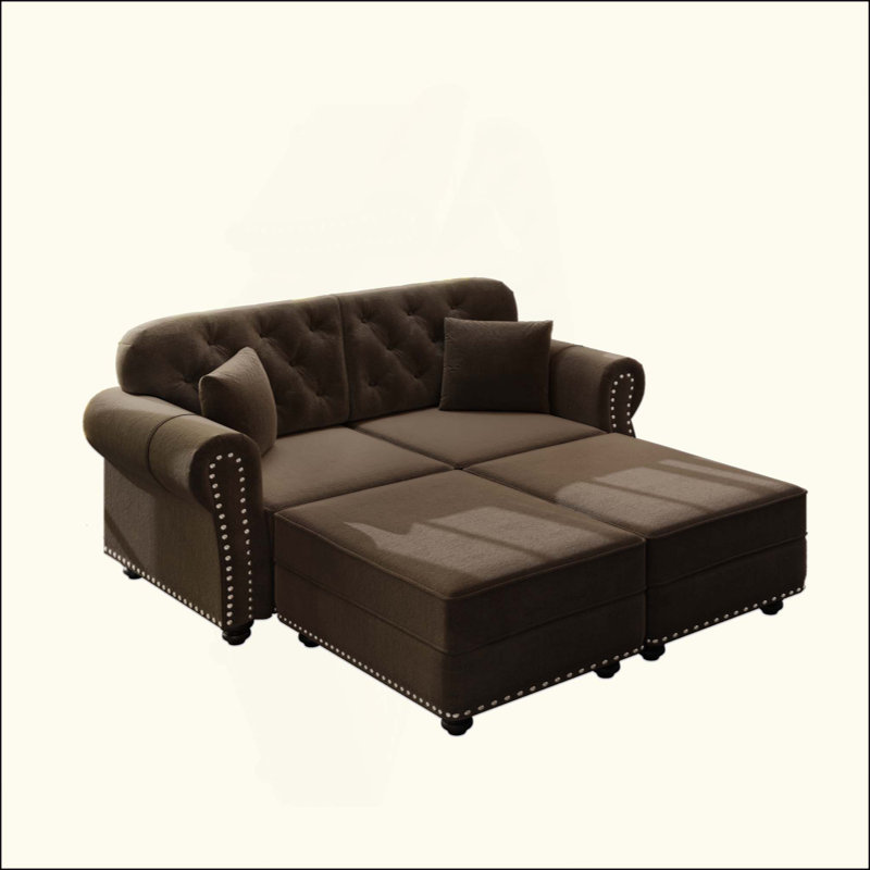 Canapé Chesterfield rembourré en velours avec garniture cloutée et accoudoirs roulés, canapé de style Mid-Century moderne capitonné, comprend 2 coussins