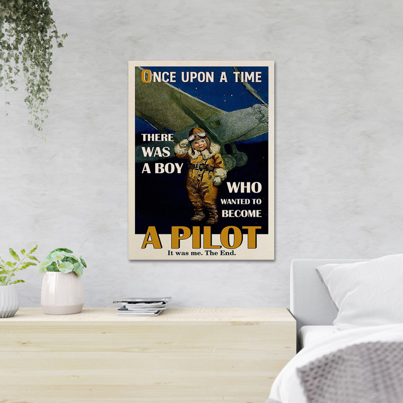 «Baby Pilot By Plane» - Reproduction d'art graphique rectangulaire sur toile tendue, "Il y avait un garçon qui voulait devenir pilote"